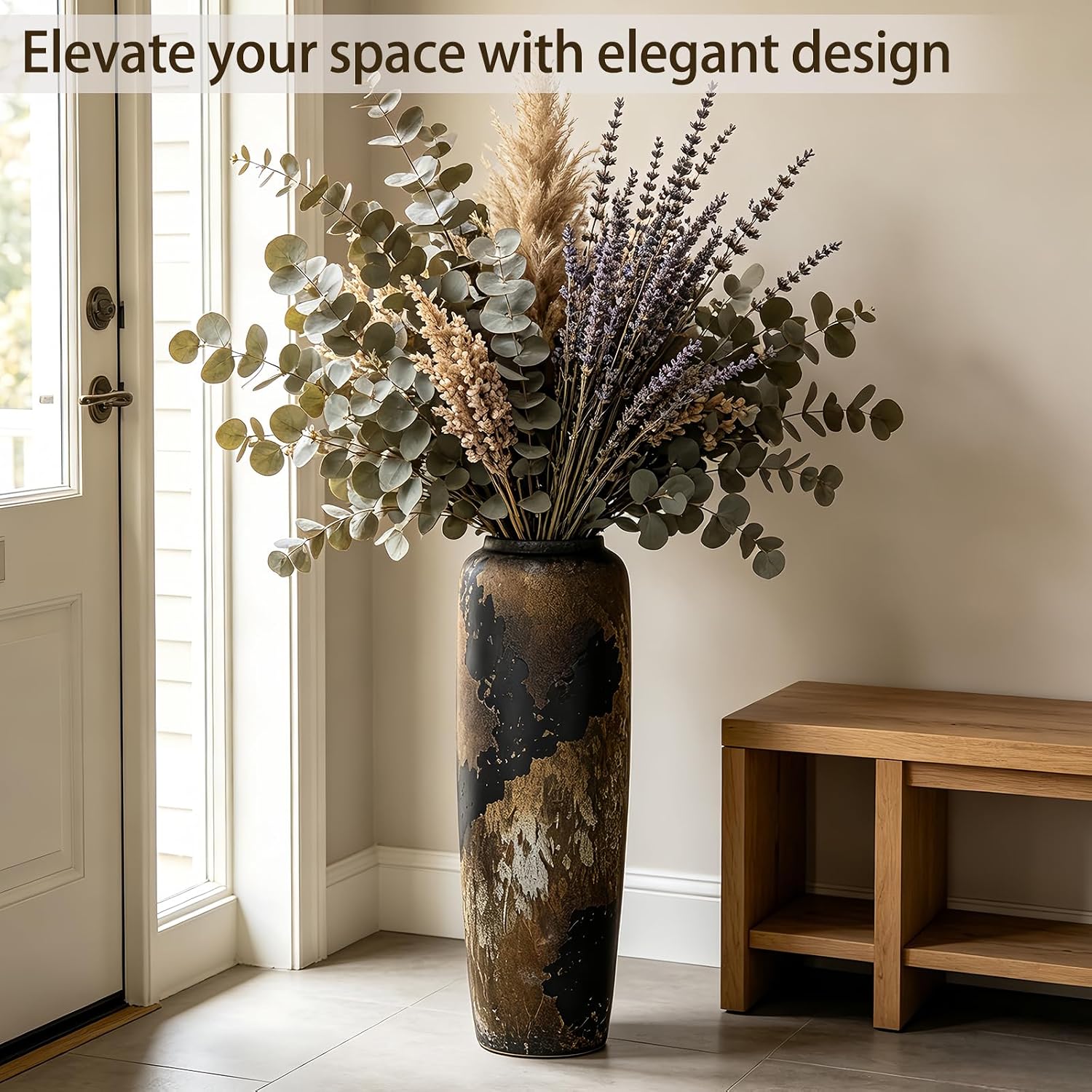 Black Rustic Ceramic Tall Floor Vase, 23.6 Inch Vintage Large Farmhouse Vase Pottery Clay Terracotta Rustic Vases for Home Decor Living Room Entryway Table Centerpieces,Kitchen,Housewarming Gifts