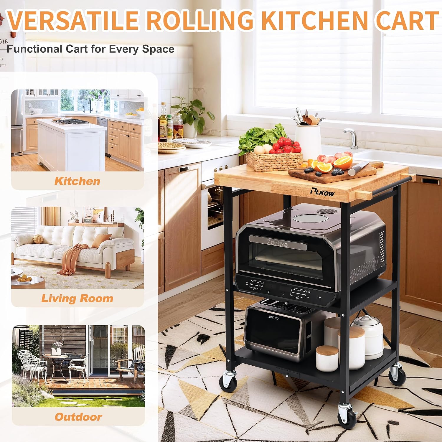PLKOW Foldable Kitchen Cart with Solild Oak Wood Top, Rolling Kitchen Island on Wheels, 3-Tier Storage Utility Cart for Microwave, Toaster Oven, Small Spaces