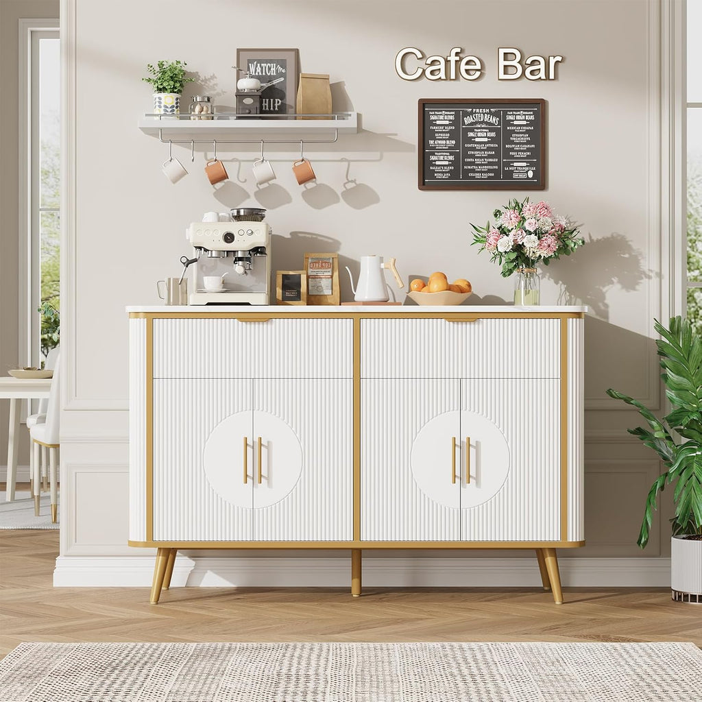 47.2' Buffet Storage Cabinet, Modern Fluted Coffee Bar Station with 2 Drawers & Adjustable Shelves, Kitchen Sideboard Buffet for Dining Room, Living Room, Hallway, White