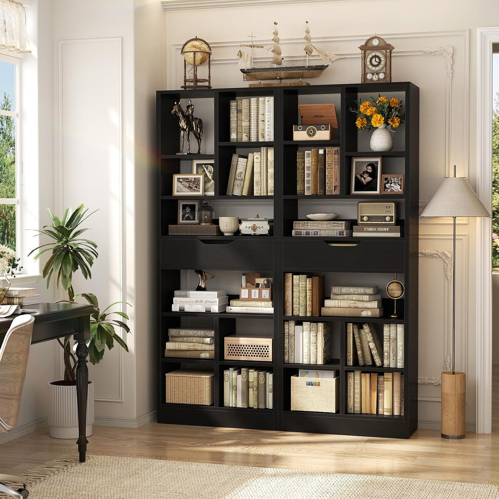 Armocity 16-Tier Tall Bookshelf Set of 2, 73.6' Narrow Freestanding Bookcase with 2 Drawers, Space-Saving Wood Display Shelves Storage for Living Room, Home Office Bedroom, Black
