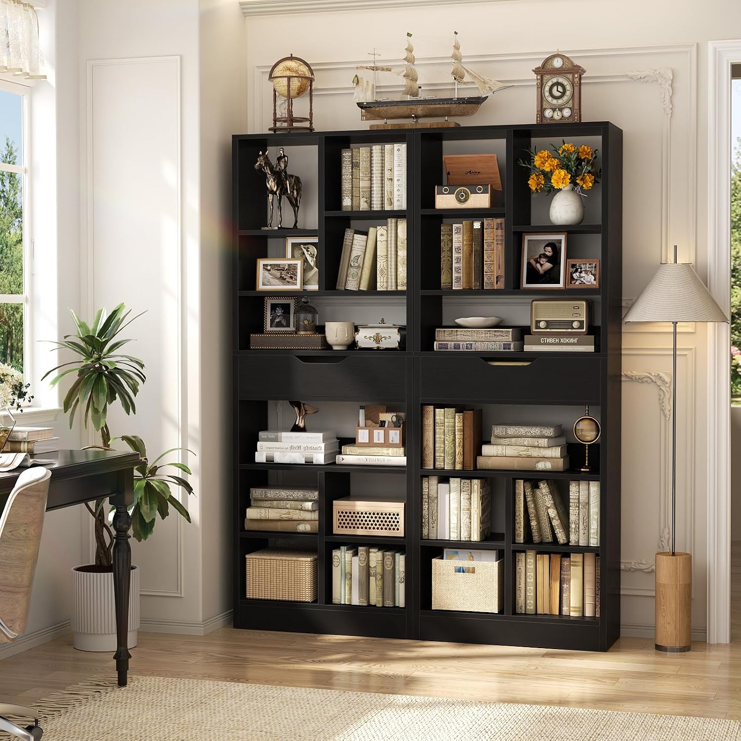 Armocity 16-Tier Tall Bookshelf Set of 2, 73.6' Narrow Freestanding Bookcase with 2 Drawers, Space-Saving Wood Display Shelves Storage for Living Room, Home Office Bedroom, Black