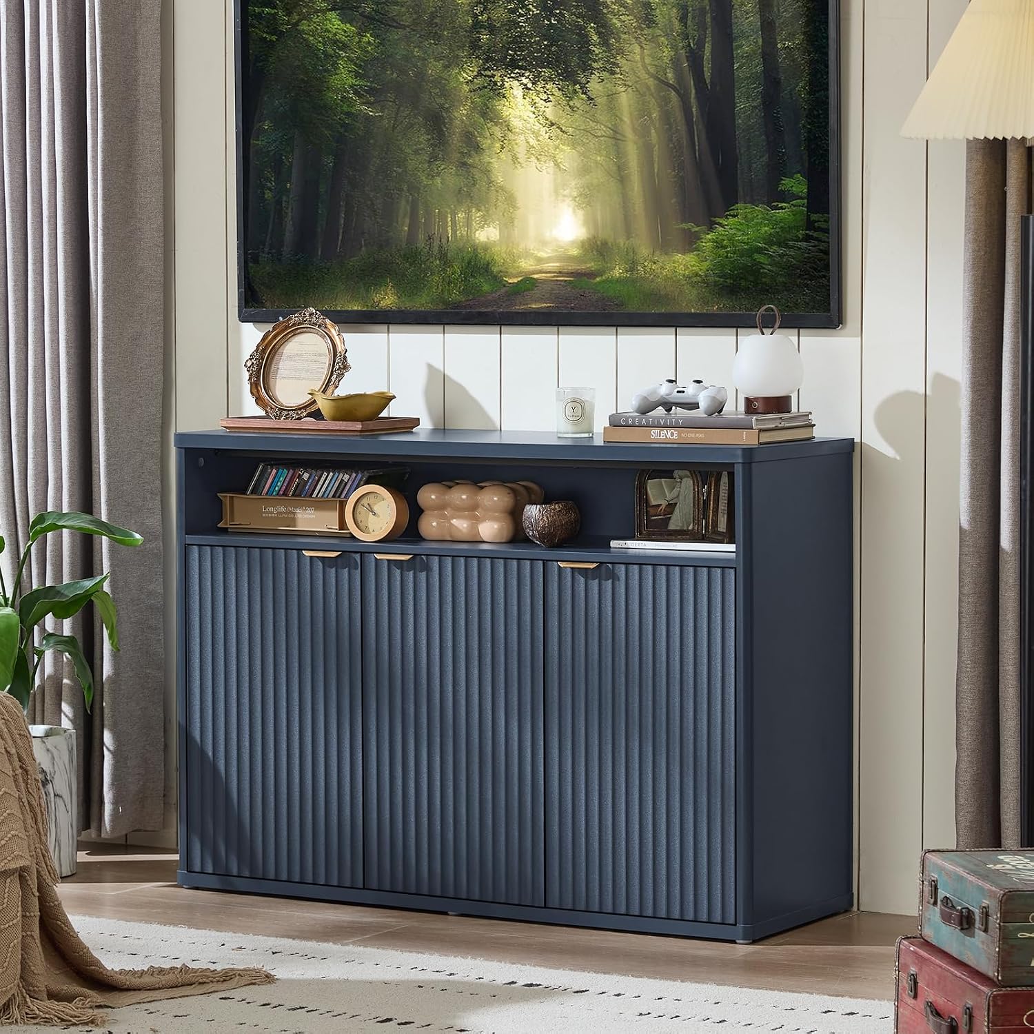 LEYAOYAO Fluted Buffet Cabinet with Storage, 45' Wide Wood Sideboard Credenza with 3 Doors & Open Storage Shelf, Modern Kitchen Console Accent Cabinets, Coffee Bar Table for Dining Room, Dark Blue