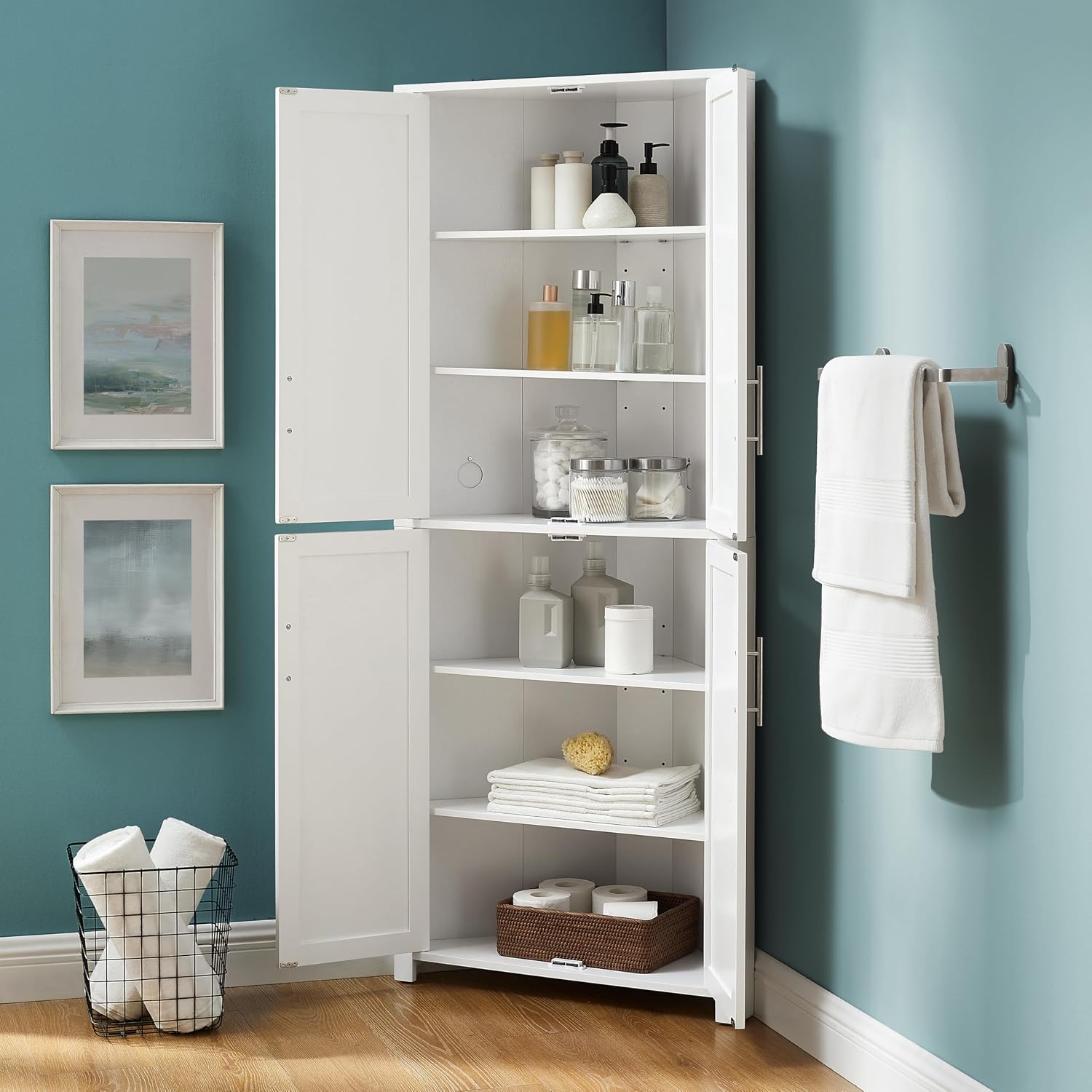 Crosley Furniture Savannah Traditional Corner Pantry Storage Cabinet with Shelves, Kitchen, Dining, Laundry, White
