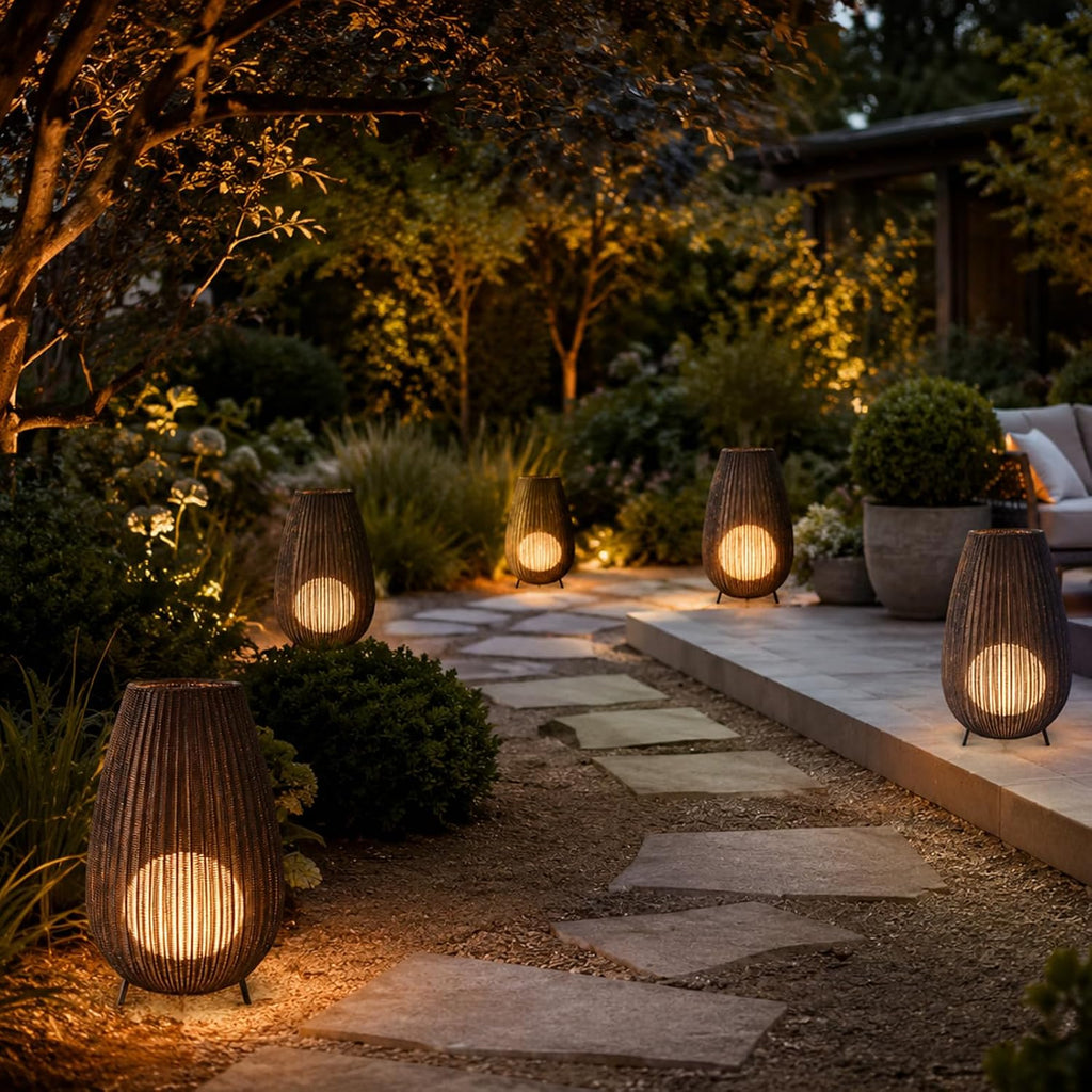 MIXL-Coffee Brown Rattan Floor Lamp,Waterproof Outdoor Patio Lamps with Globe Shade,Wicker Shade Indoor & Outdoor Floor Lamp for Garden Lawn and Living Room