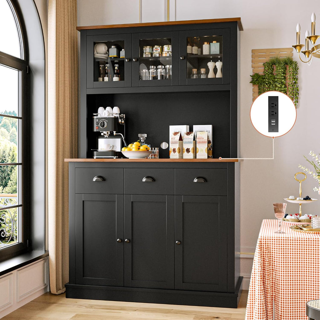 MU 71' Kitchen Pantry Cabinet with Charging Station, Tall Pantry Hutch with Drawers, Countertop & Microwave Shelf, Food Storage Cabinet for Dining Room & Coffee Bar, Black