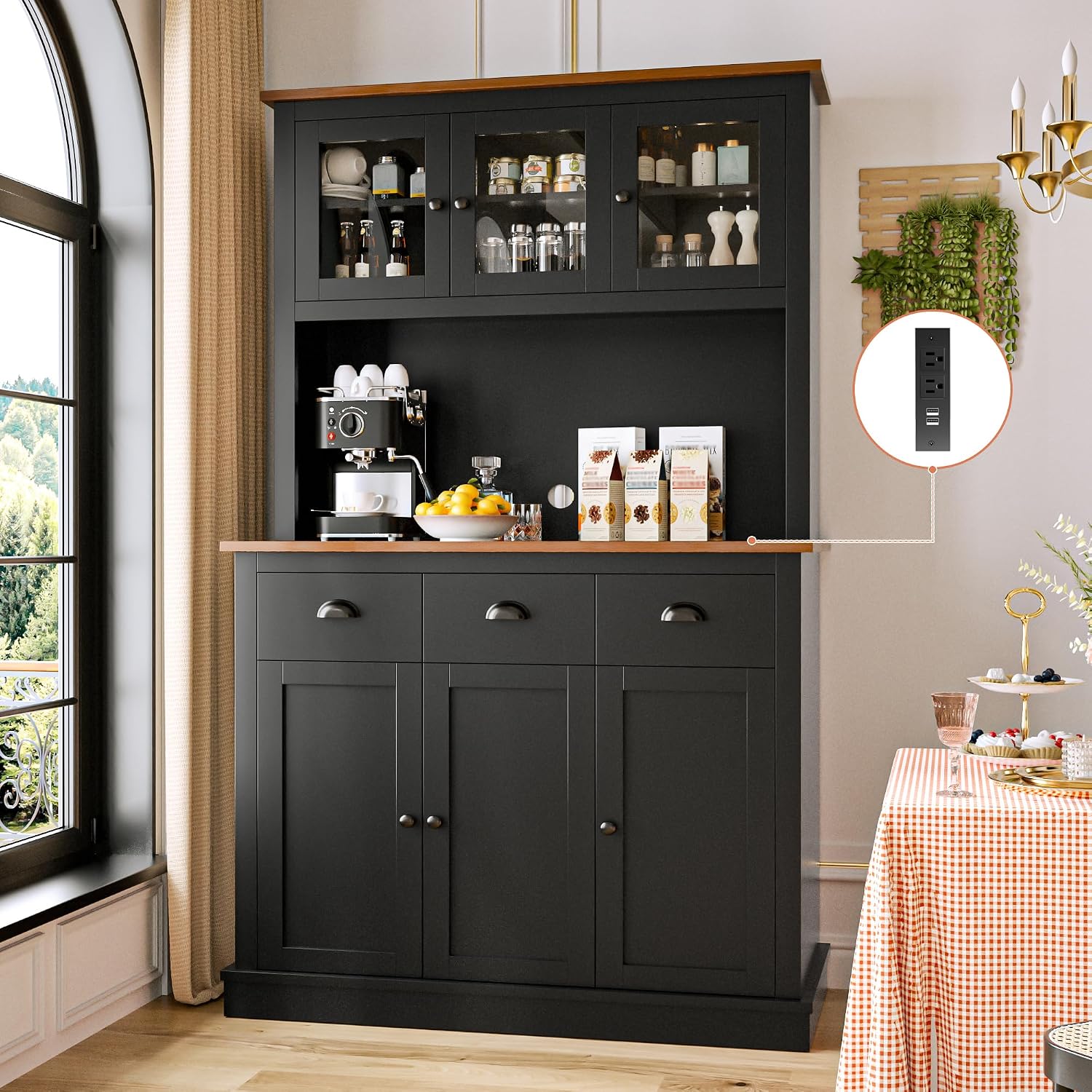 MU 71' Kitchen Pantry Cabinet with Charging Station, Tall Pantry Hutch with Drawers, Countertop & Microwave Shelf, Food Storage Cabinet for Dining Room & Coffee Bar, Black