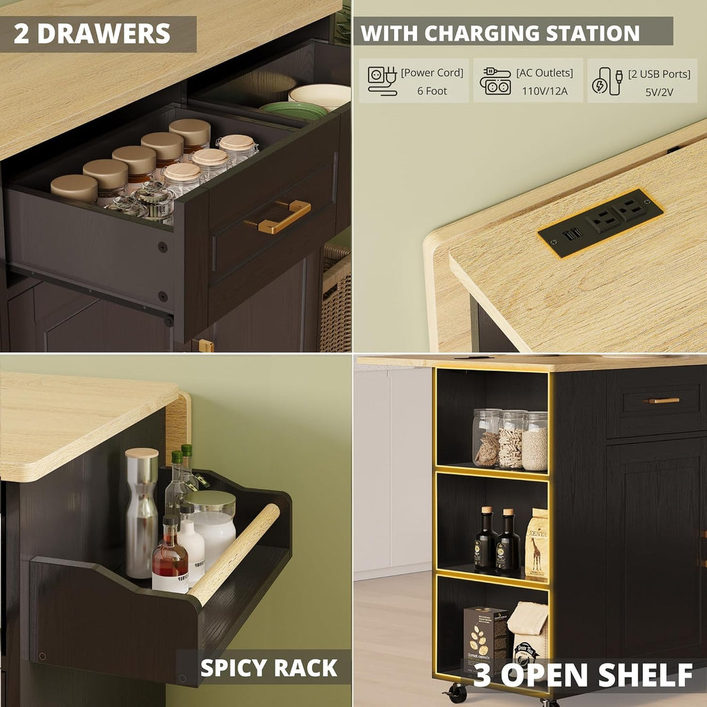 IRONCK Kitchen Island with Power Outlet & Drop Leaf, 47.2' Width Rolling Kitchen Island on Wheels with Storage, Mobile Kitchen Island Cart with Spice Rack, Open Shelves and Drawer, Black