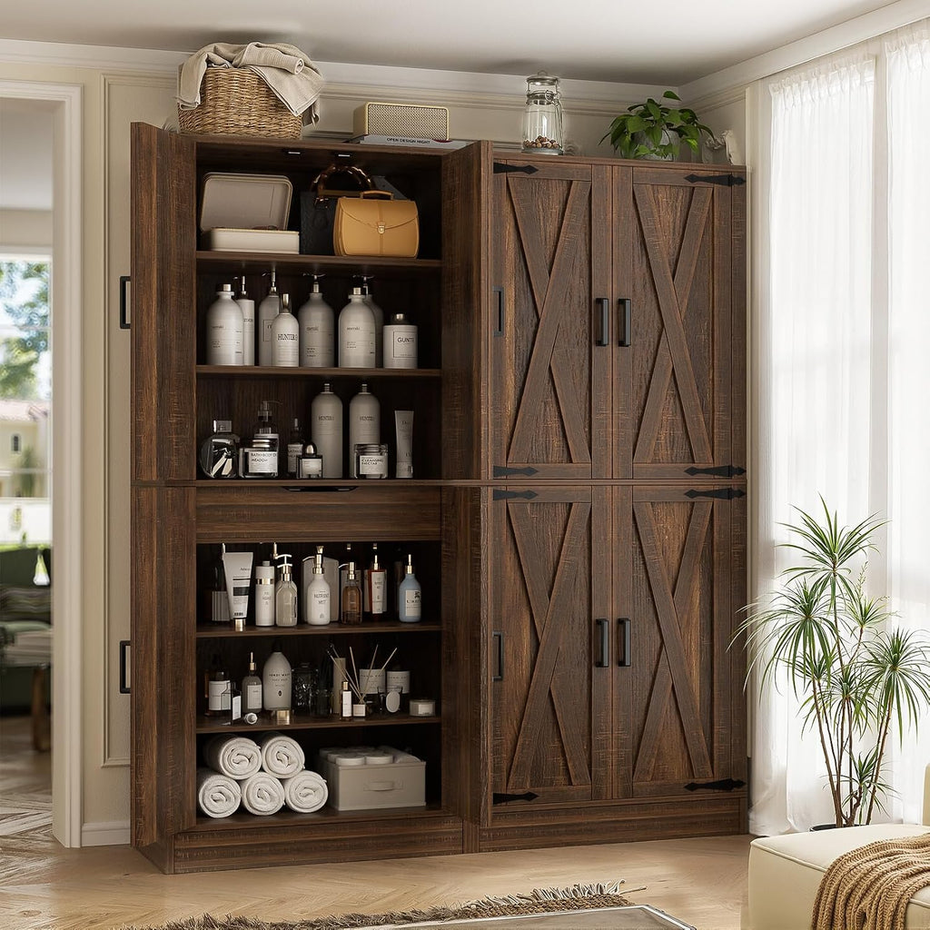 Unikito 71' Tall Kitchen Pantry Cabinet with Farmhouse Barn Doors and Storage Drawer, 8 Adjustable Shelves, Freestanding Cupboard for Dining Room, Living Room, Utility Room, Weathered Brown 2 Pack