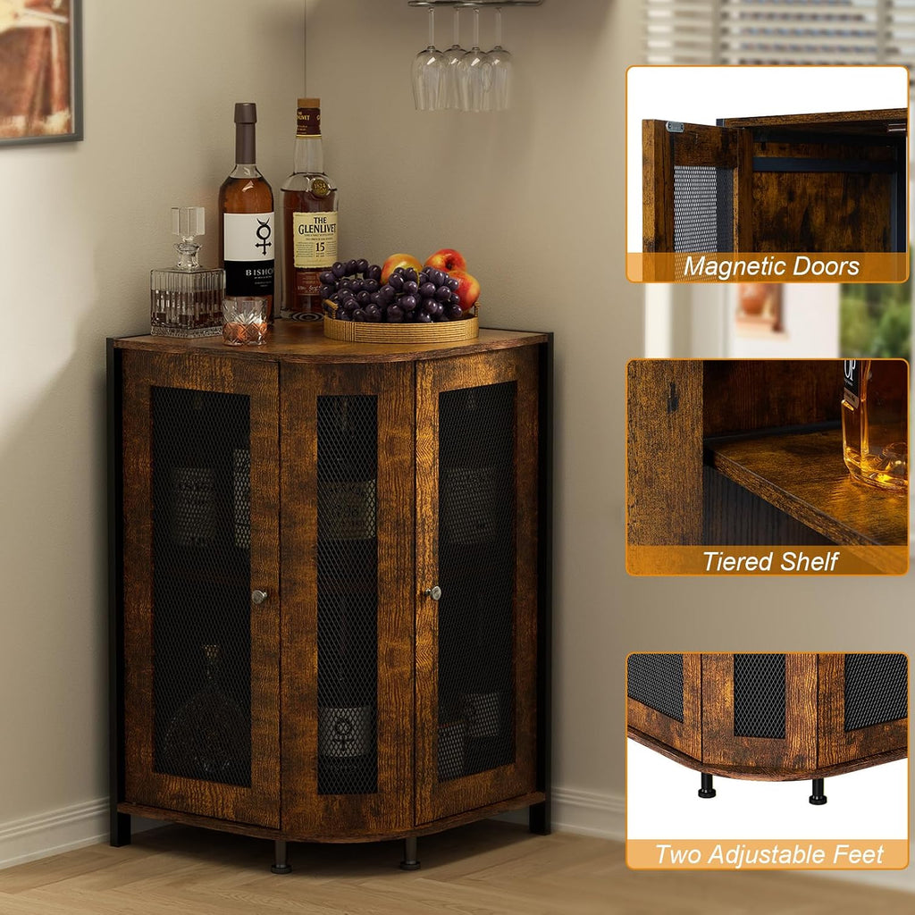 JKsmart Corner Storage Cabinet with Open Shelf, 3-Tier Industrial Wine Bar Shelf with Door, Industrial Corner Cabinet for Kitchen, Dining Room, Rustic Brown