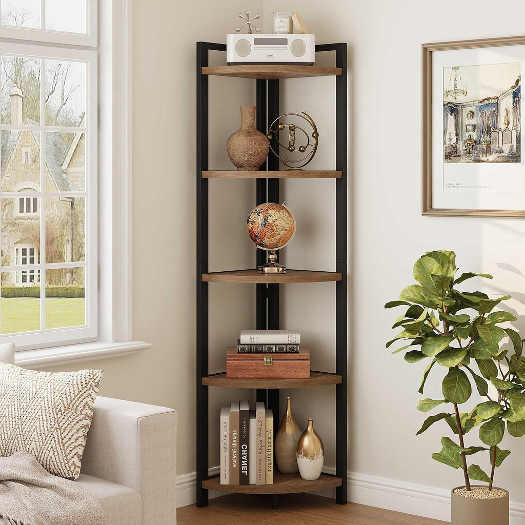FATORRI Tall Corner Shelf, Industrial Corner Bookshelf, Wood and Metal Corner Shelf Stand for Living Room, Rustic Display Plant Stand for Home Office (Medium Walnut)