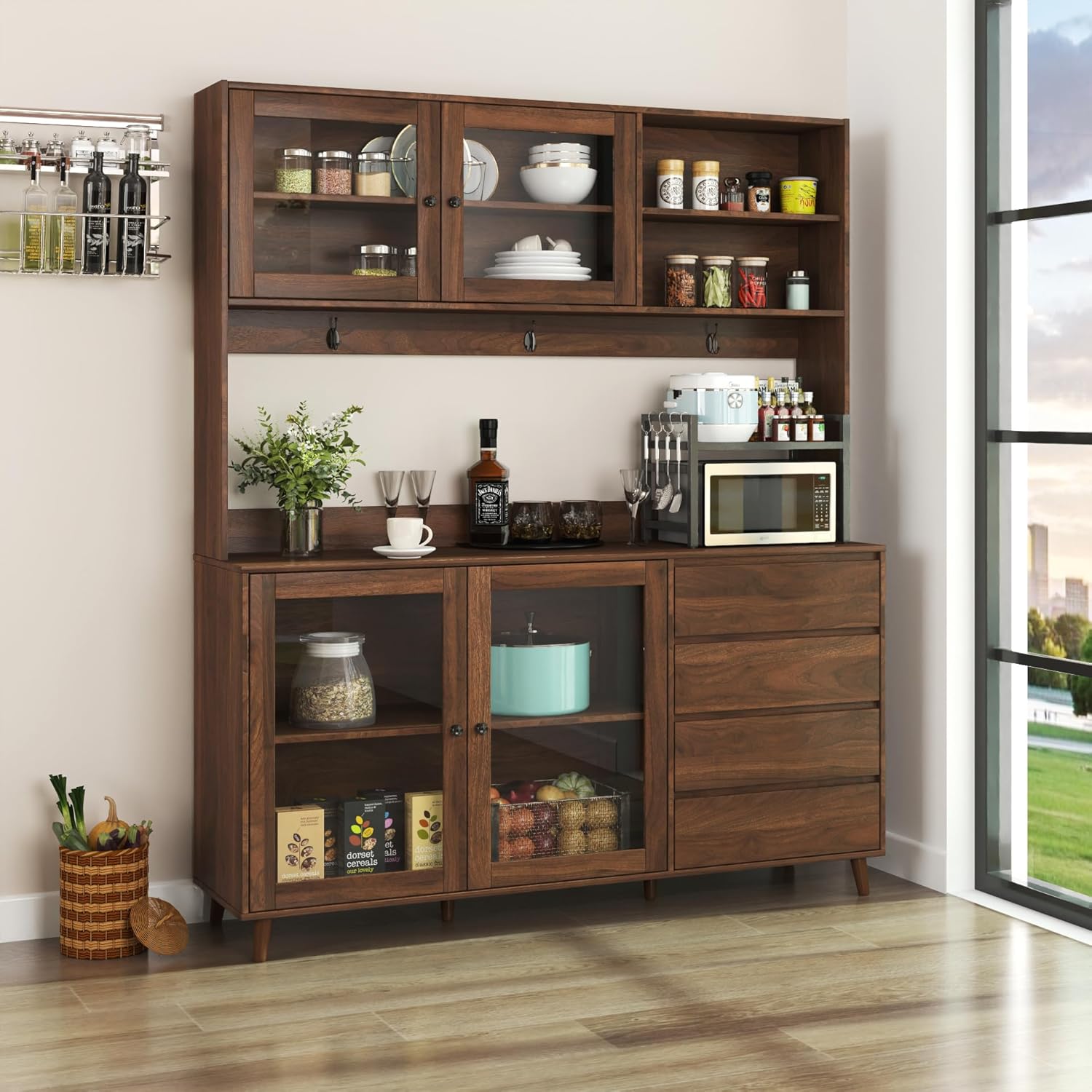 Ball & Cast 63' Large Kitchen Hutch Cabinet with Multi-Layer Shelves and 4 Doors & Drawers,Freestanding Pantry Storage Cupboard with Microwave Shelf,for Kitchen,Apartment,Livingroom,Walnut
