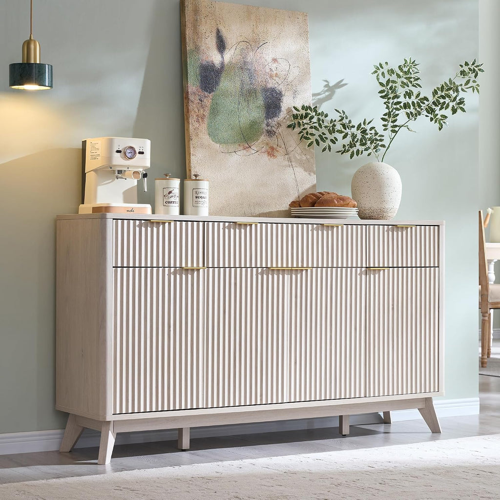 OKD Fluted Storage Cabinet with Drawers, 60' Morden Buffet Sideboard Coffee Bar Cabinet with 4 Doors and 3 Drawers for Dining Room, Living Room,Hallway (White Alder)
