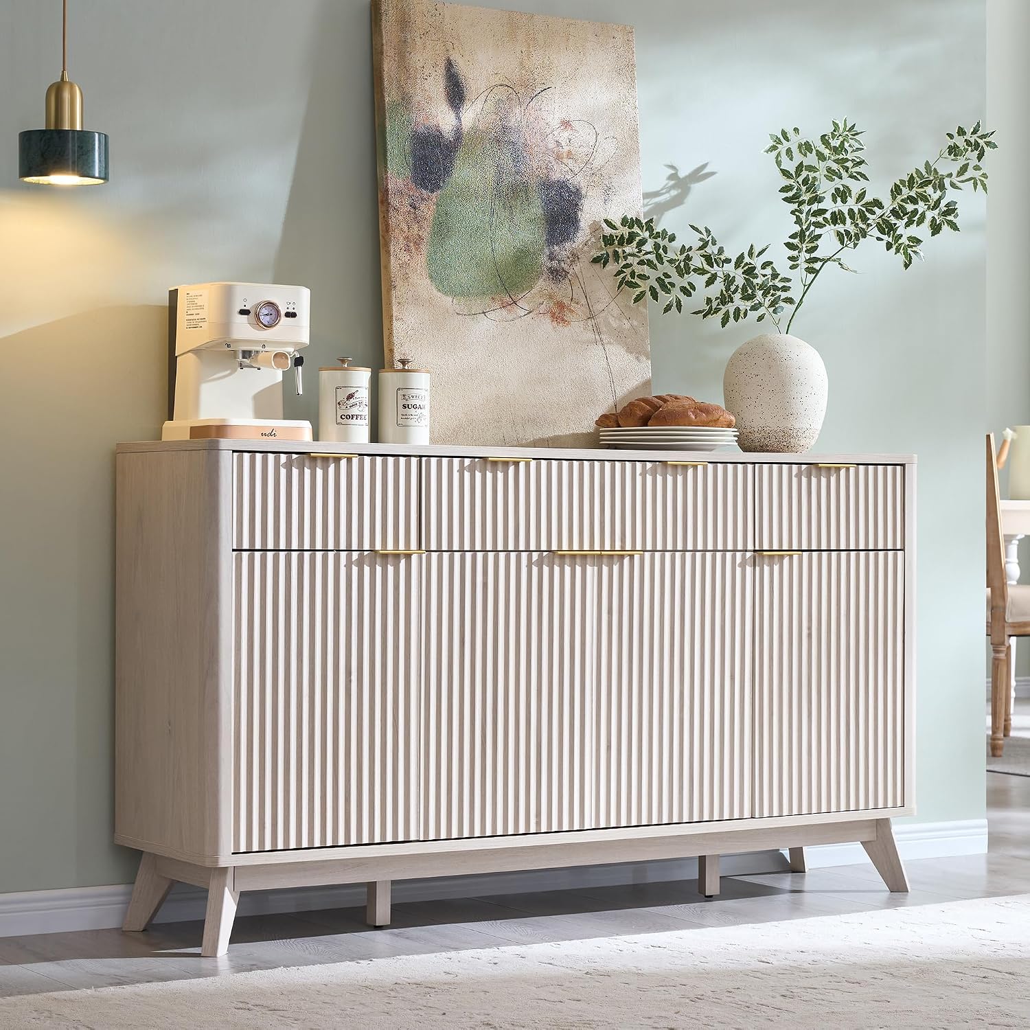 OKD Fluted Storage Cabinet with Drawers, 60' Morden Buffet Sideboard Coffee Bar Cabinet with 4 Doors and 3 Drawers for Dining Room, Living Room,Hallway (White Alder)