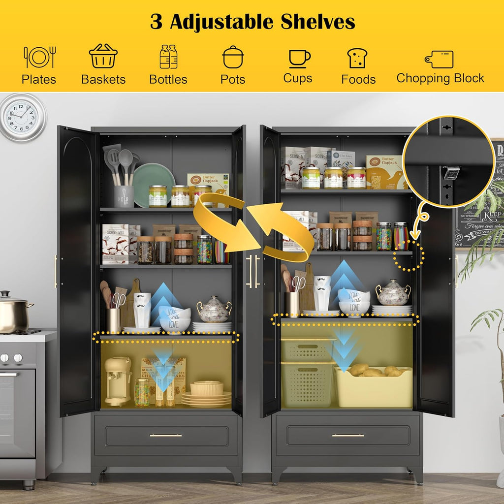 SteeLoong Metal Storage Cabinet with Drawers,75Inch Black Pantry Cabinets for Kitchen Storage with 3 Adjustable Shelves,Tall Kitchen Pantry Cabinet for Living Room, Dining Room，Office