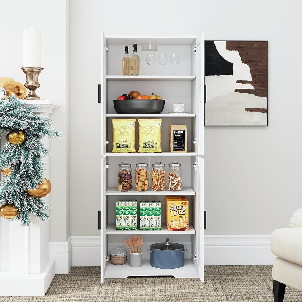 Farmhouse Storage Cabinet with 4 Door, Kitchen Pantry Storage with 4 Adjustable Shelves Wooden Cupboard for Kitchen, Dining Room, Living Room, Bathroom (White)