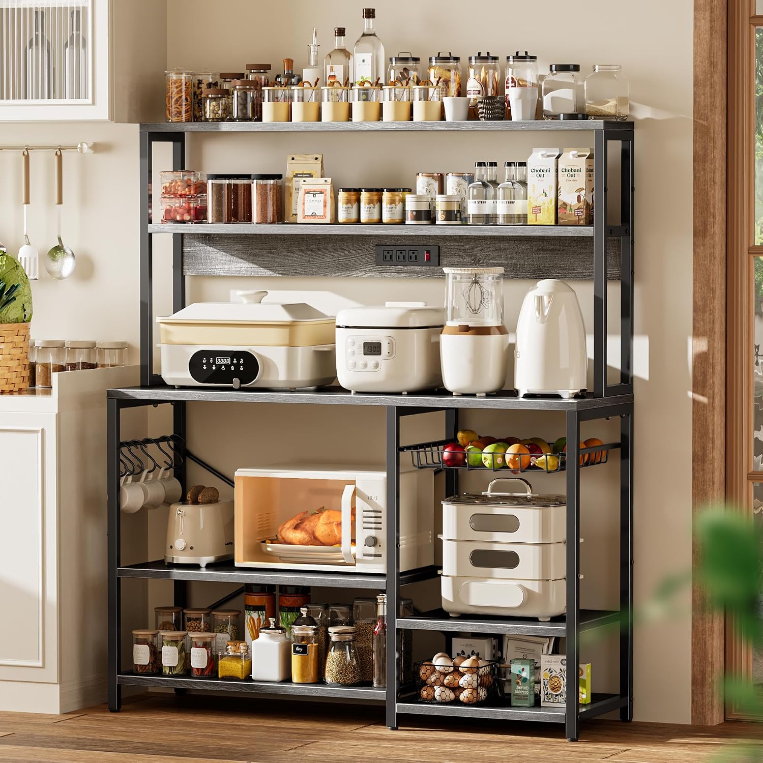 SUPERJARE Bakers Rack with Power Outlet, 47.2 Inches Coffee Bar with 3 Level-Adjustable Open Shelves, Wire Basket, Kitchen Microwave Stand with 6 S-Shaped Hooks, Grey