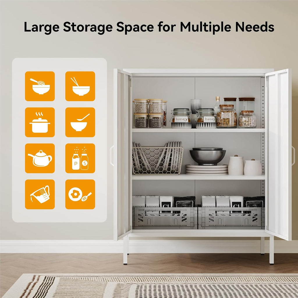 COFaR White Metal Storage Cabinet, 40' Kitchen Buffet & Coffee Bar Cabinet with Adjustable Shelves, 3-Tier Steel Organizer with Magnetic Doors, Sideboard for Dining Room, Home Office