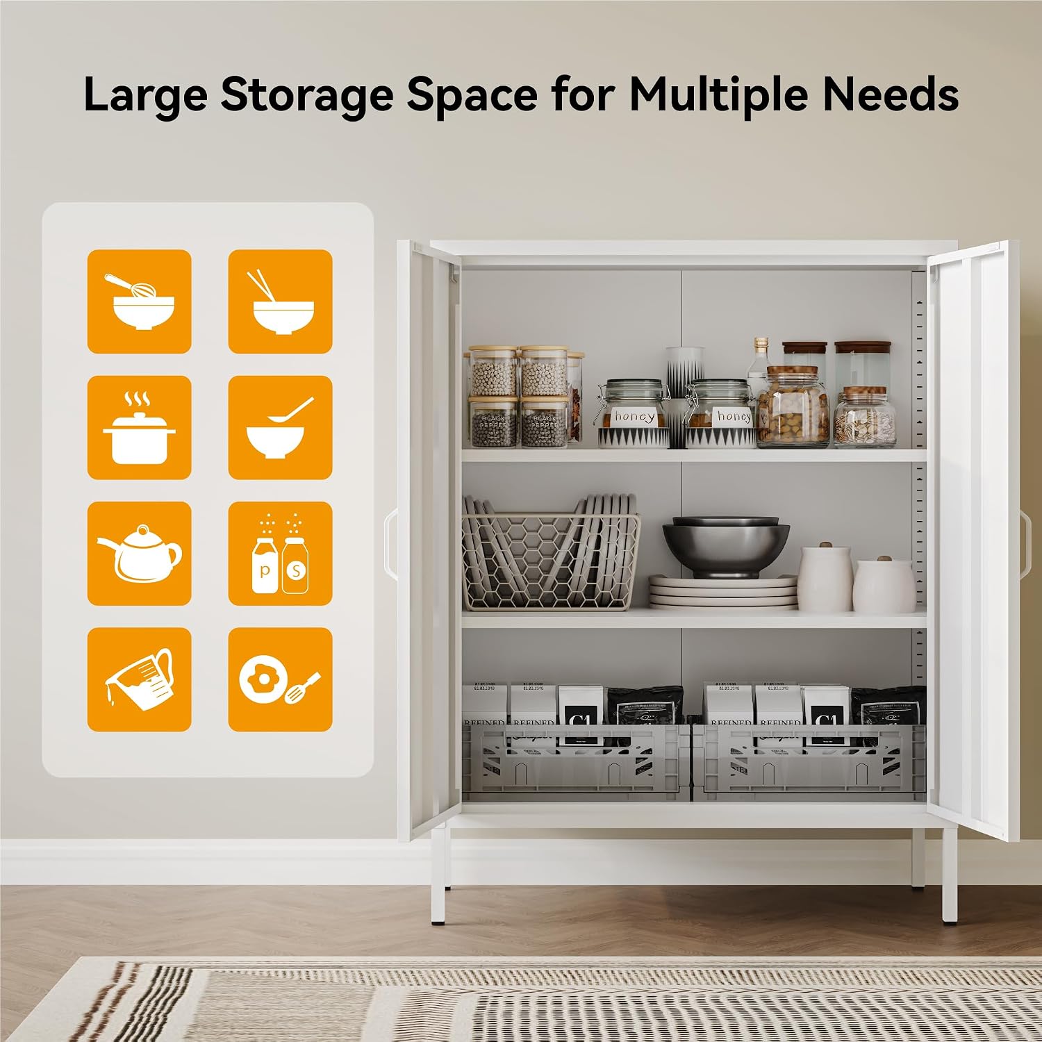 COFaR White Metal Storage Cabinet, 40' Kitchen Buffet & Coffee Bar Cabinet with Adjustable Shelves, 3-Tier Steel Organizer with Magnetic Doors, Sideboard for Dining Room, Home Office
