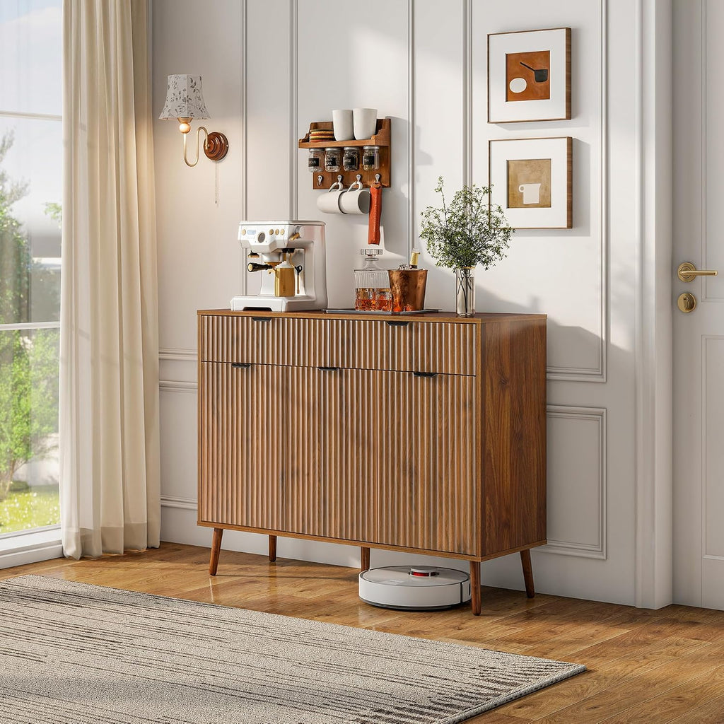 LYNCOHOME Fluted Sideboard Buffet Cabinet with Storage,2 Drawers and 3 Doors,Wood Coffee Bar Cabinet with Solid Wood Feet for Kitchen,Hallway