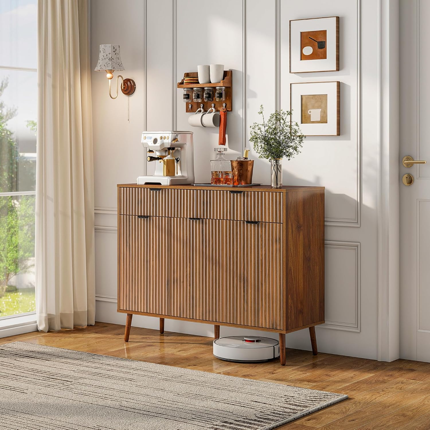 LYNCOHOME Fluted Sideboard Buffet Cabinet with Storage,2 Drawers and 3 Doors,Wood Coffee Bar Cabinet with Solid Wood Feet for Kitchen,Hallway