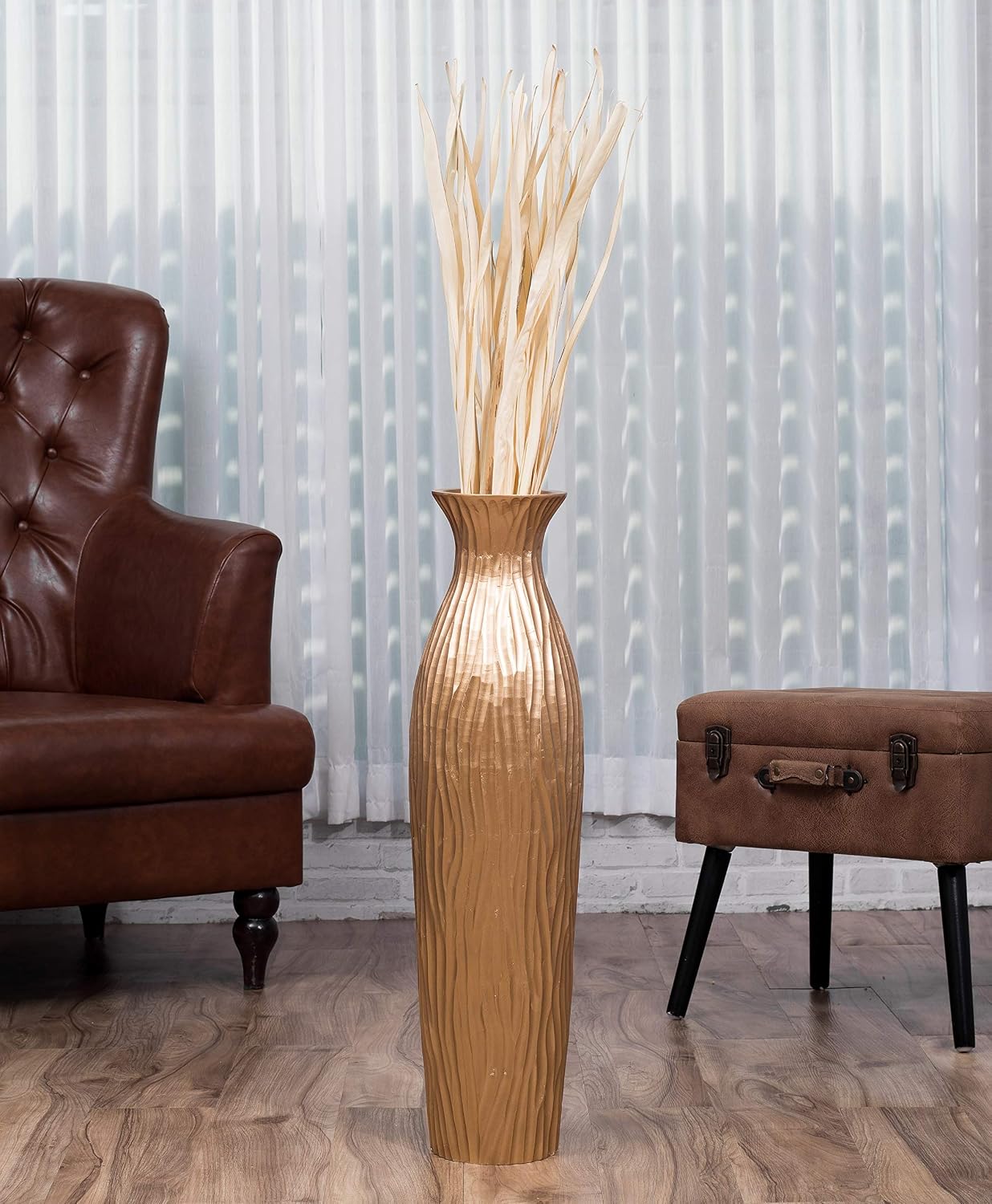 Leewadee Large Gold Home Decor Floor Vase - Wooden 26 inch Tall Farmhouse Decor Flower Holder for Fake Plant and Pampas Grass