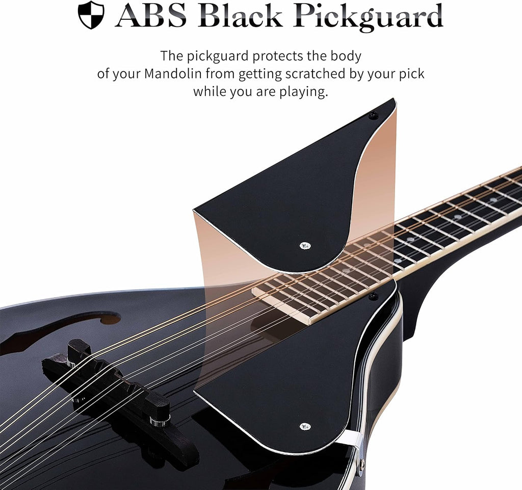 Mulucky A Style Mandolins Instrument, 8 String Acoustic Mandolin with Beginner Kit, Case, Tuner, String, Picks - Black