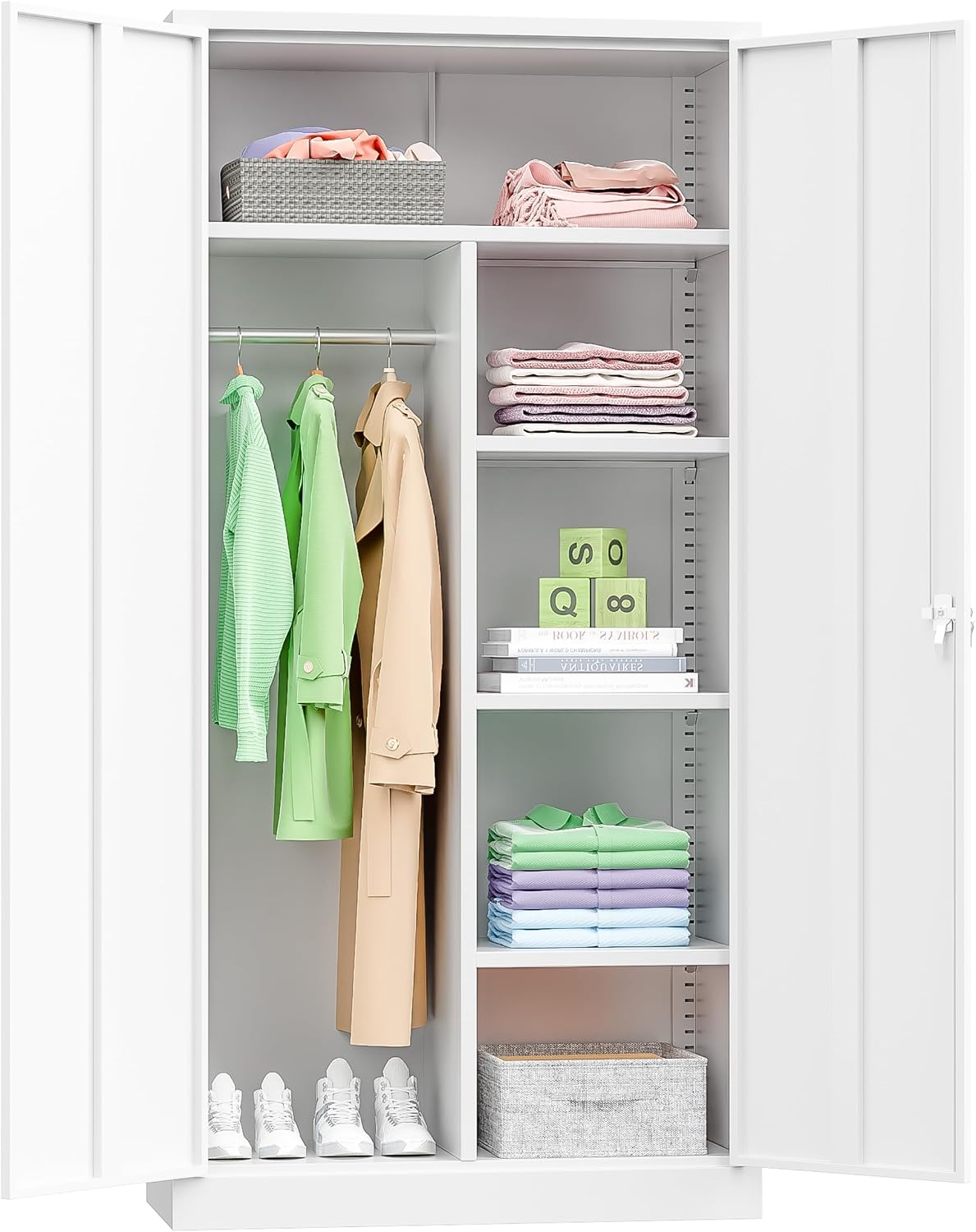 INTERGREAT Metal Wardrobe Closet, 71' White Locking Storage Wardrobe Cabinet with Doors and Shelves, Tall Steel Clothes Storage for Office, Home, School, Gym