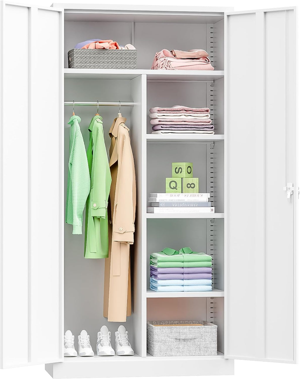 INTERGREAT Metal Wardrobe Closet, 72' Locking Storage Wardrobe Cabinet with Doors and Shelves, 18' D x 36' W Steel Clothes Storage Cabinets for Office, Home, School, Gym（White）