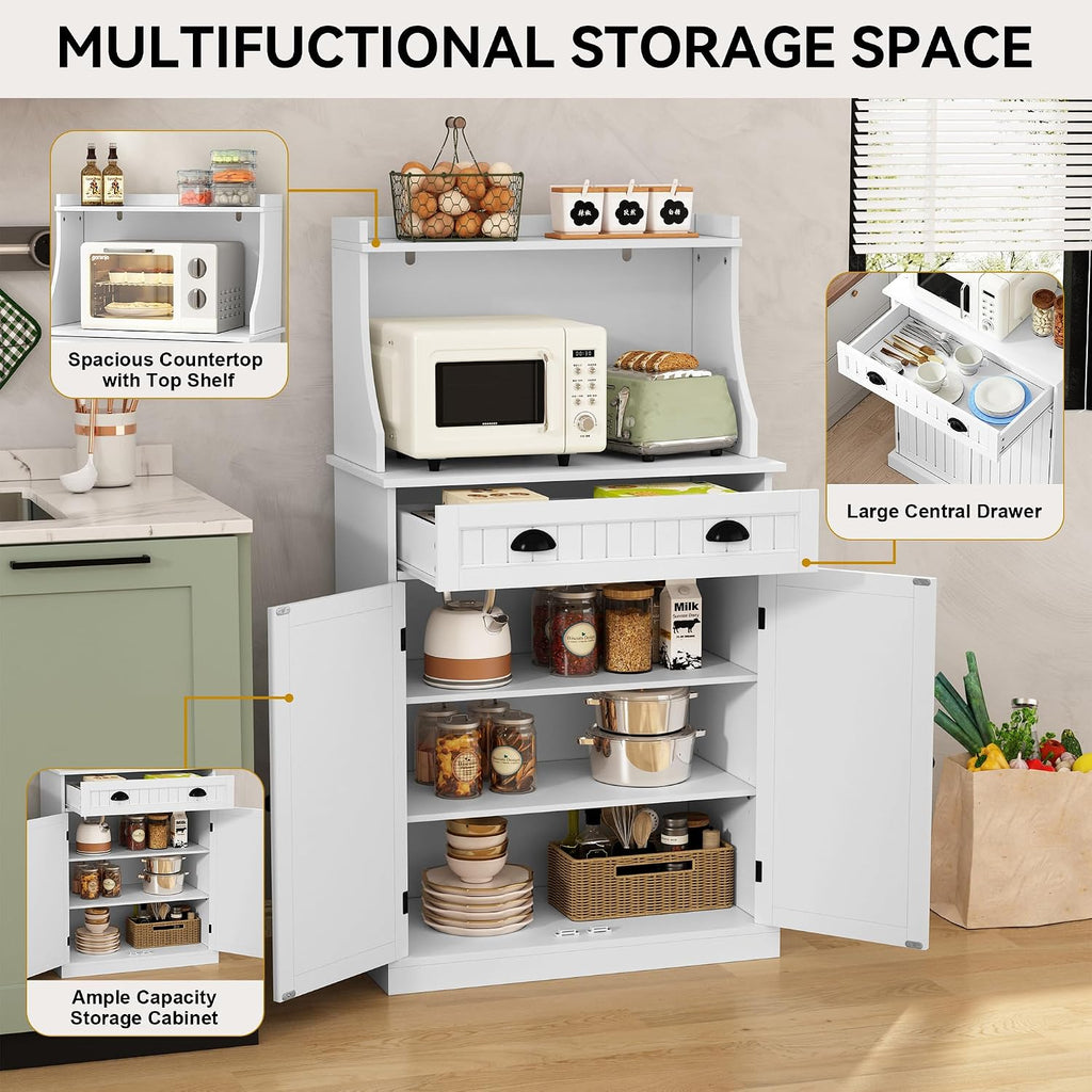 ARTPOWER 54' Kitchen Microwave Cabinet/Stand with Storage and Drawers, Pantry Storage Cabinet with Hutch & Adjustable Shelves for Kitchen, Dining Room, Living Room, Hallway in White