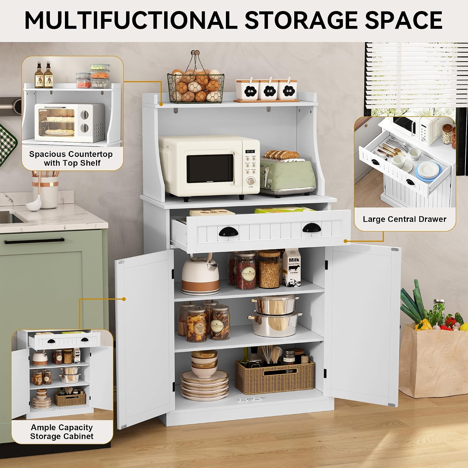 ARTPOWER 54' Kitchen Microwave Cabinet/Stand with Storage and Drawers, Pantry Storage Cabinet with Hutch & Adjustable Shelves for Kitchen, Dining Room, Living Room, Hallway in White