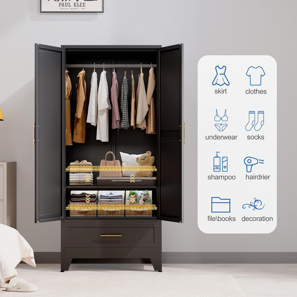 GAIOUS Steel Armoire Wardrobe Closet with Mirror Doors, 71' Household Wardrobe Cabinet with Hanging Rod and Drawer, Metal Clothing Storage Cabinet with Adjustable Shelf for Bedroom, Cloak, Gym(Black)