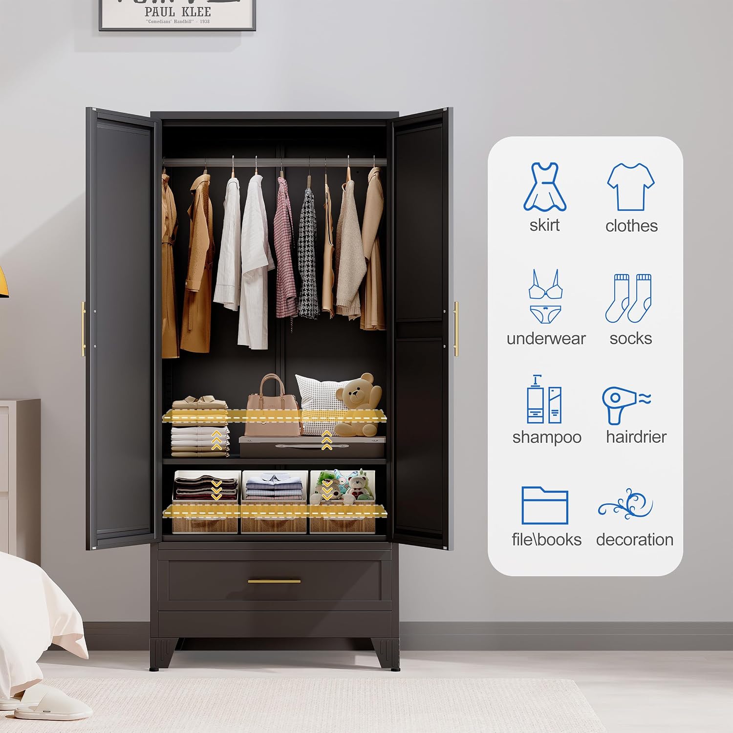 GAIOUS Steel Armoire Wardrobe Closet with Mirror Doors, 71' Household Wardrobe Cabinet with Hanging Rod and Drawer, Metal Clothing Storage Cabinet with Adjustable Shelf for Bedroom, Cloak, Gym(Black)