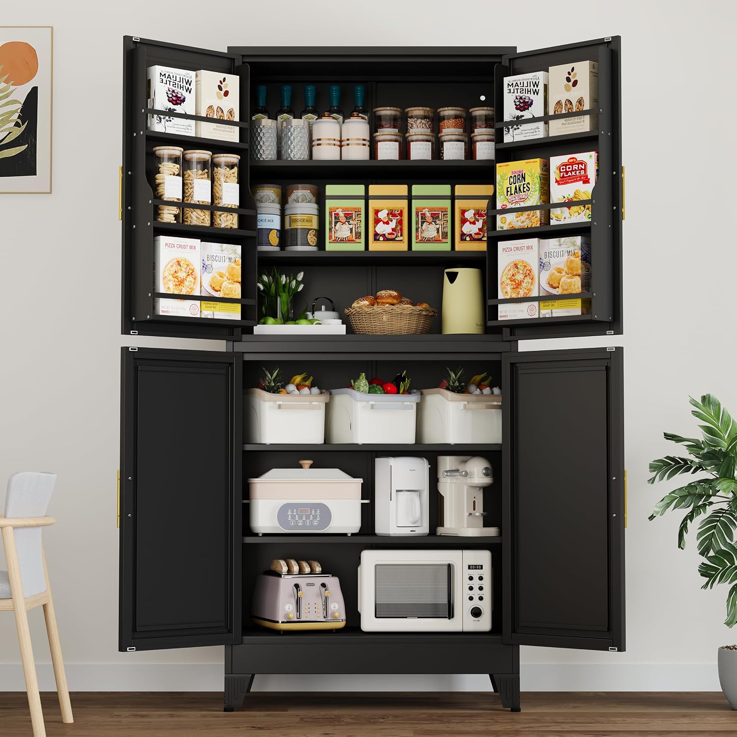 PAOFIN 75' H Metal Storage Cabinet, Pantry with 6 Door Shelves and 4 Adjustable Shelves, Leveling Foot for Kitchen, Living Room and Dinning Room, Black