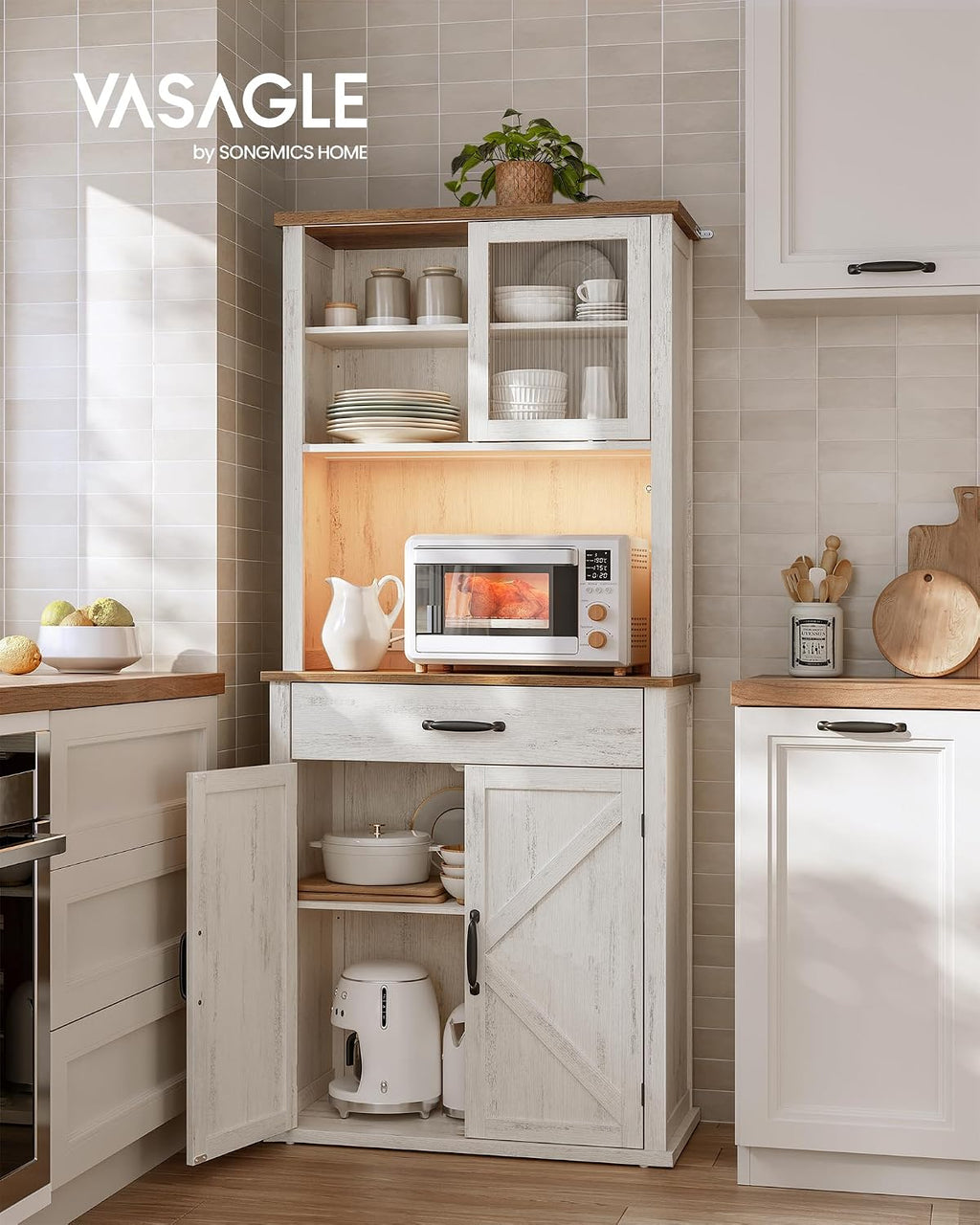 VASAGLE LIRY Collection - 71-Inch Tall Kitchen Pantry Cabinet with Lights and Charging Station, Coffee Bar Cabinet with Doors and Drawer, Farmhouse Style, Adjustable Shelves, Rustic White UBBK363W12