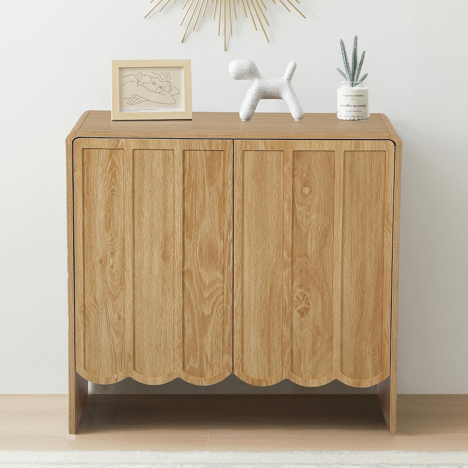 ORRD Sideboard Buffet Cabinet Set of 2, Accent Storage Cabinet with 2 Doors, Farmhouse Wood Cabinet with Adjustable Shelves and Wave Panel for Living Room, Dining Room, Entry - Natural