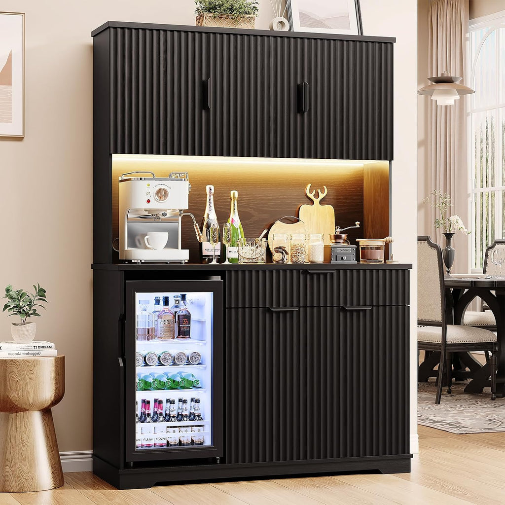 69' Kitchen Pantry with Fridge (Fridge Included), Fluted Coffee Bar Cabinet with LED Lights & Outlets, Tall Wine Bar Cabinet with Drawer & Storage Hutch for Living Room, Dining Room, Black