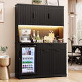 69' Kitchen Pantry with Fridge (Fridge Included), Fluted Coffee Bar Cabinet with LED Lights & Outlets, Tall Wine Bar Cabinet with Drawer & Storage Hutch for Living Room, Dining Room, Black
