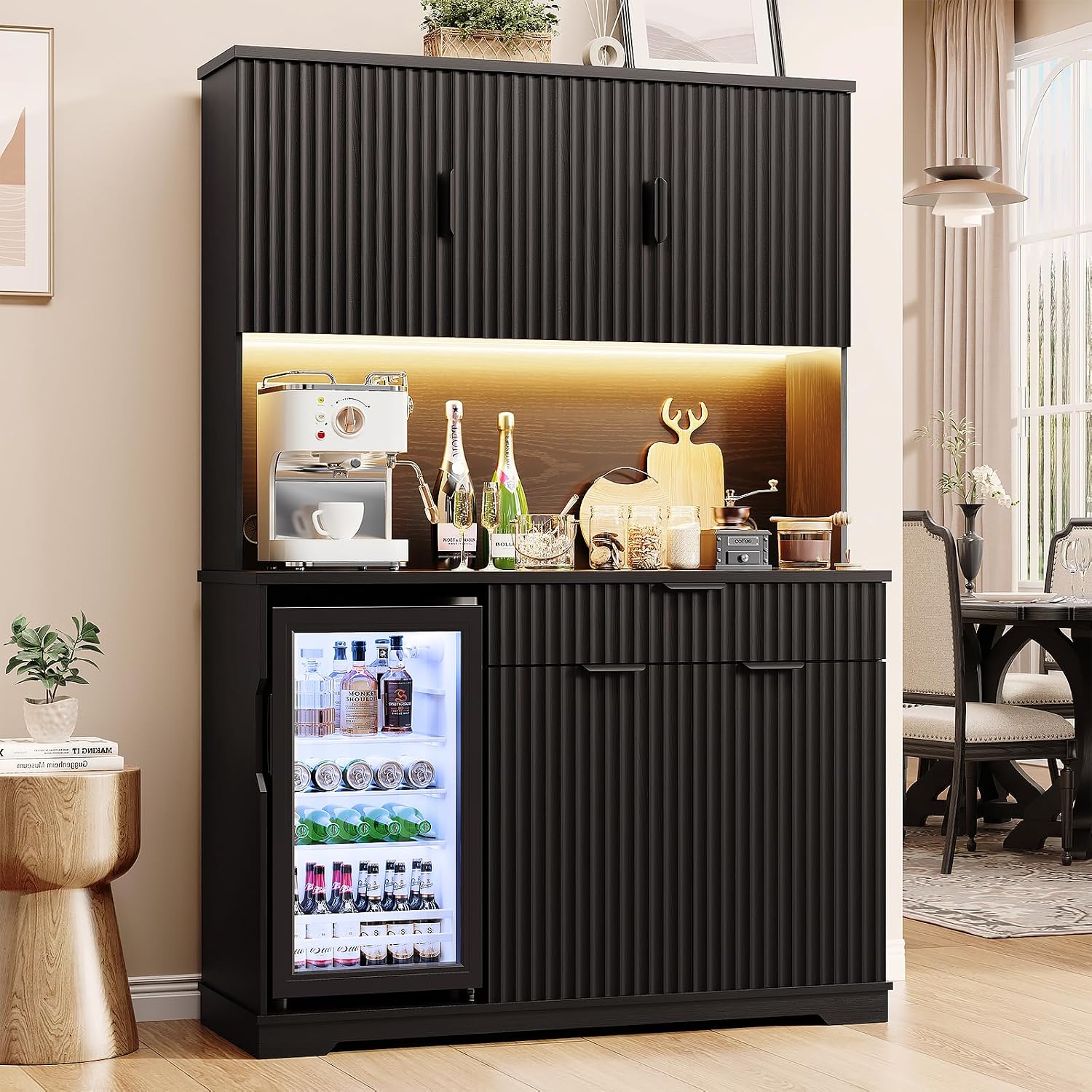 69' Kitchen Pantry with Fridge (Fridge Included), Fluted Coffee Bar Cabinet with LED Lights & Outlets, Tall Wine Bar Cabinet with Drawer & Storage Hutch for Living Room, Dining Room, Black