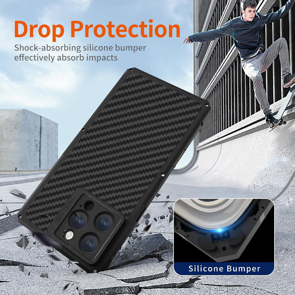 Luxury Carbon Fiber Aluminum Case for iPhone 16 Pro Max, Heavy Duty Rugged Military Protective Phone Cover with Camera Lens Protector Stand, Strong Magnetic Ring Compatible with Magsafe, Black