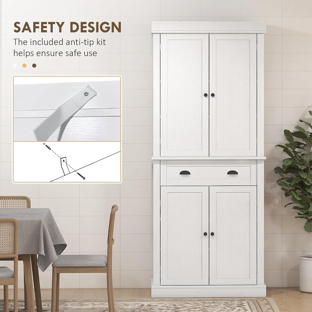 HOMCOM 72.5' Kitchen Pantry Cabinet, Traditional Freestanding Storage Cabinet with 4 Doors, Drawer and 3 Adjustable Shelves for Dining Room, White Wood Grain