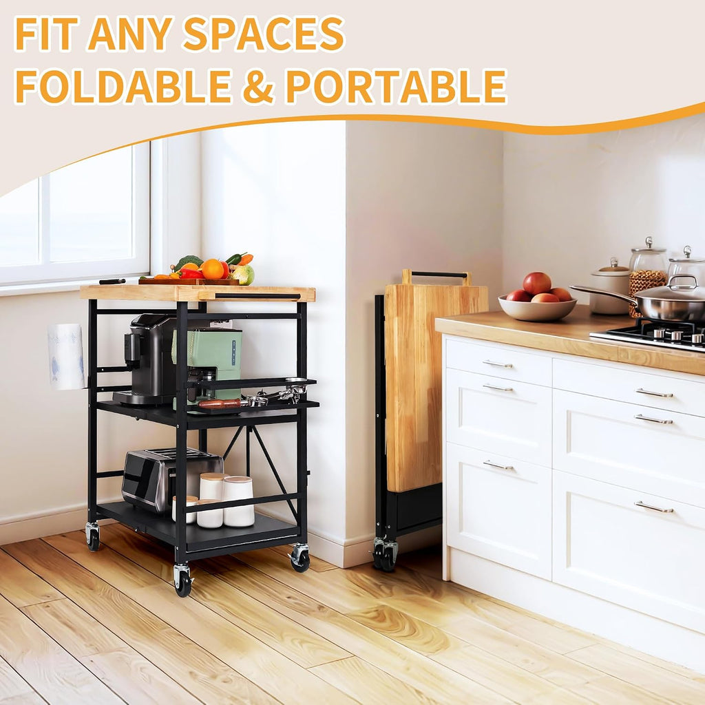 PLKOW Foldable Kitchen Cart with Solild Oak Wood Top, Rolling Kitchen Island on Wheels, 3-Tier Storage Utility Cart for Microwave, Toaster Oven, Small Spaces