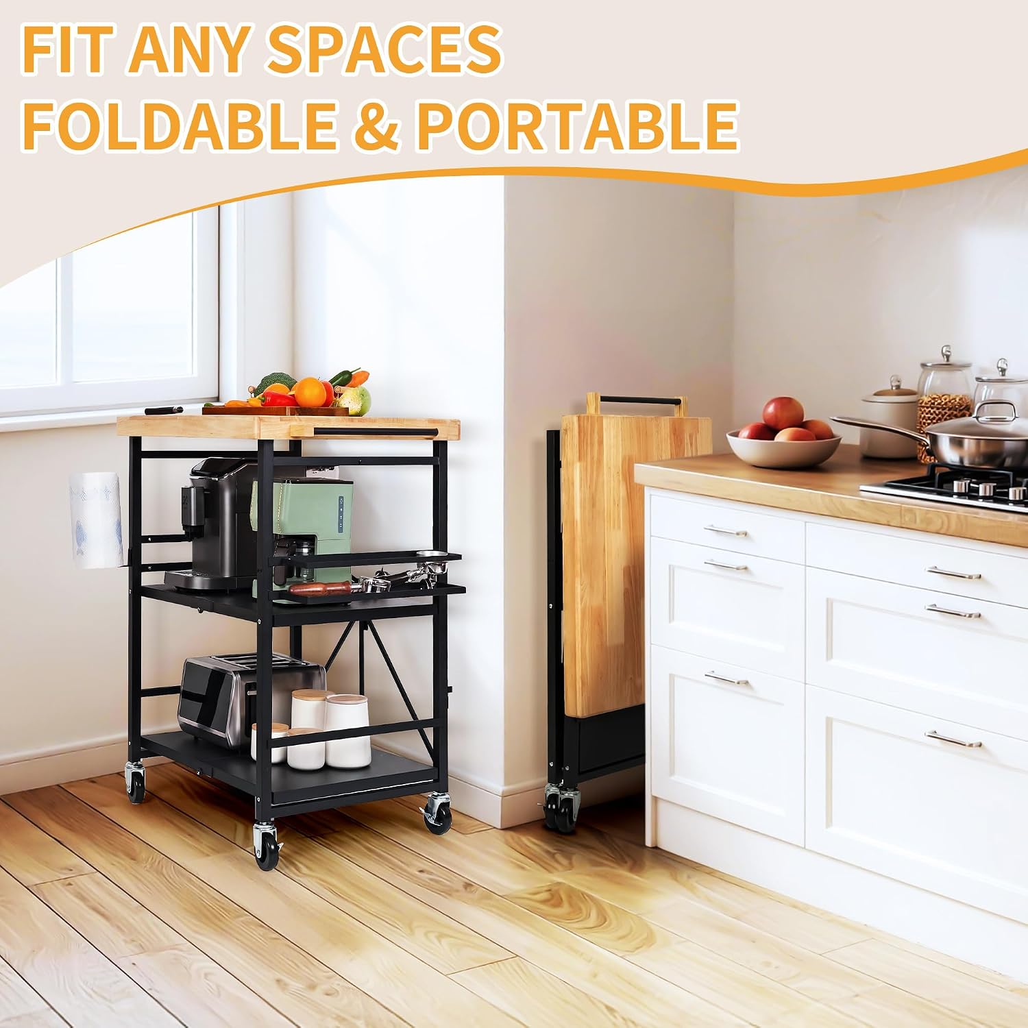 PLKOW Foldable Kitchen Cart with Solild Oak Wood Top, Rolling Kitchen Island on Wheels, 3-Tier Storage Utility Cart for Microwave, Toaster Oven, Small Spaces