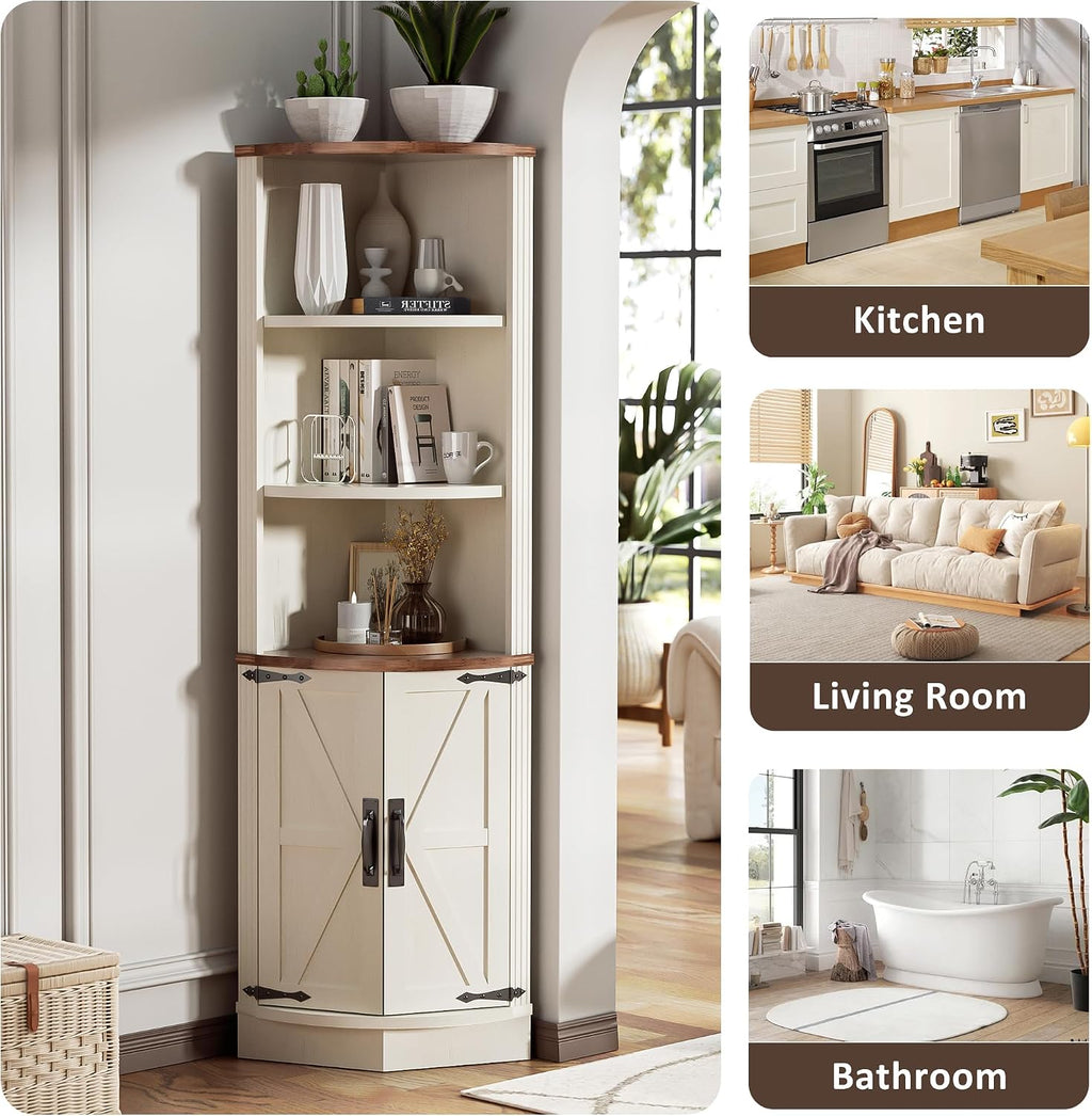 AHB 63' Tall Corner Cabinet Farmhouse Storage Cabinet with Doors and Shelves, Home Space Saver Corner Storage Shelf for Kitchen Living Room, Antique White