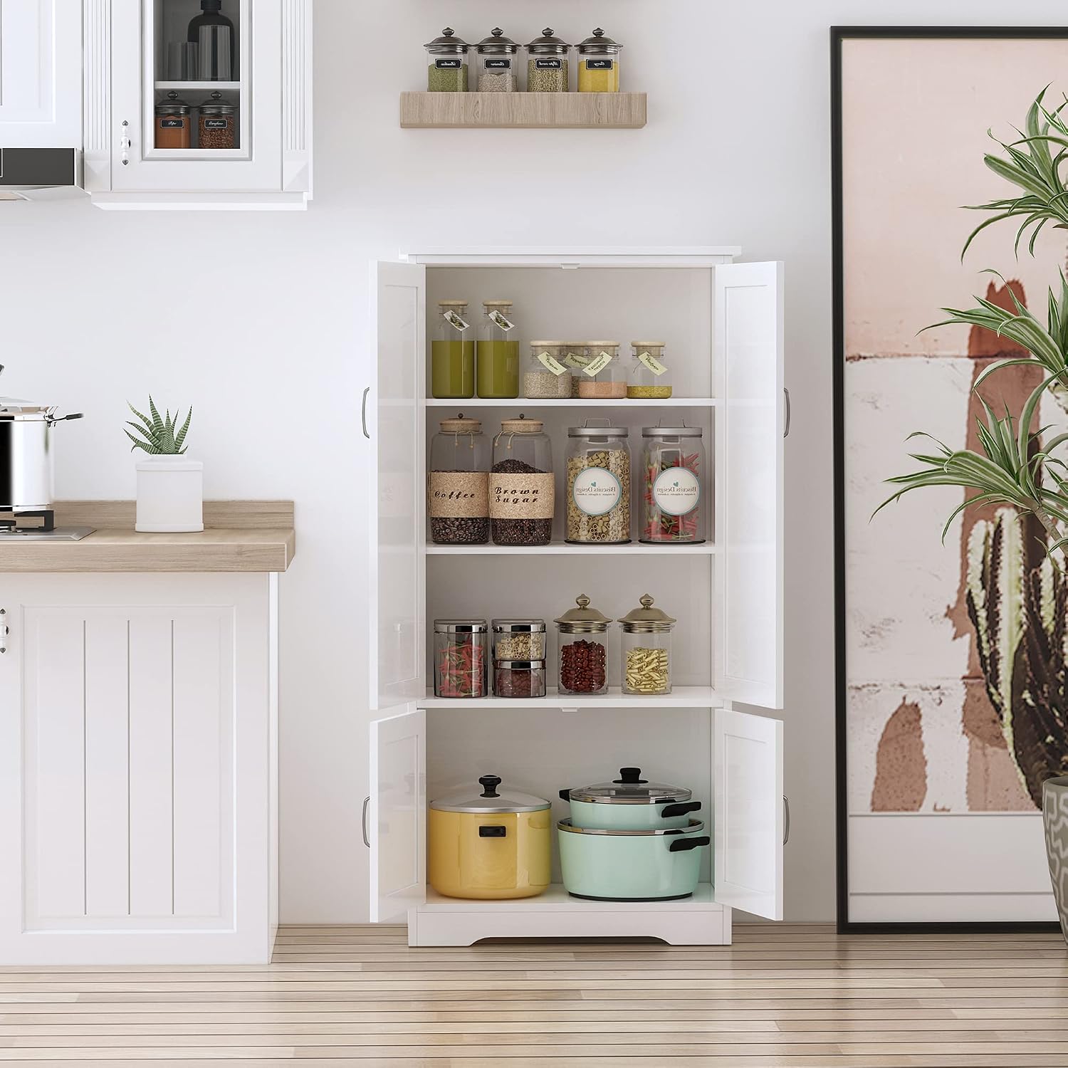 HOMCOM 48.5' Kitchen Pantry Cabinet with 2 Adjustable Shelves and 4 Beadboard Doors, Compact Farmhouse Kitchen Storage Cabinet for Dining Room, White
