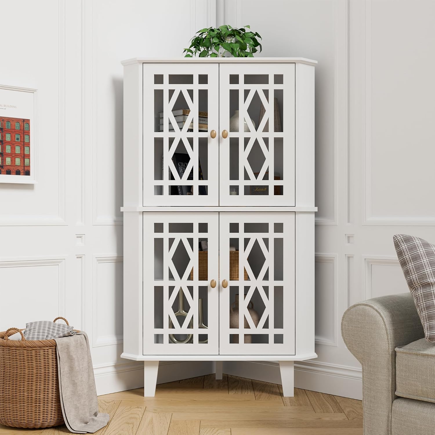 Scurrty Tall Corner Shelf Stand, Large Shelf Corner Table Sideboard Cabinet with 4 Doors and 4-Tier Shelves, Free-Standing Storage Organizer for Living Room, Dining Room & Bathroom (White)