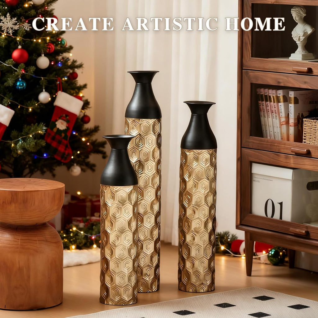 Floor Vases Decorative Tall - 24.8/29.1/33.8 in Metal Cylinder Vases Extra Large Decorative Vase Set of 3 Living Room Luxury Big Standing Decor for Dining Bedroom Home Corner Indoor