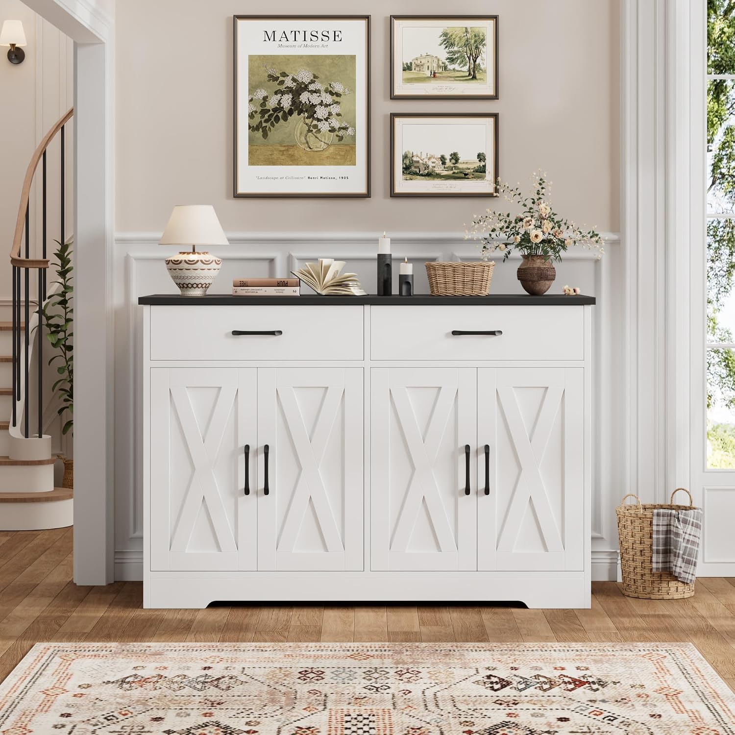 HOSTACK Buffet Cabinet with Storage, 47.2' Kitchen Sideboard Buffet with Drawers, Modern Farmhouse Coffee Bar Station with Shelves, Barn Doors Storage Cabinet for Living Room, White/Black