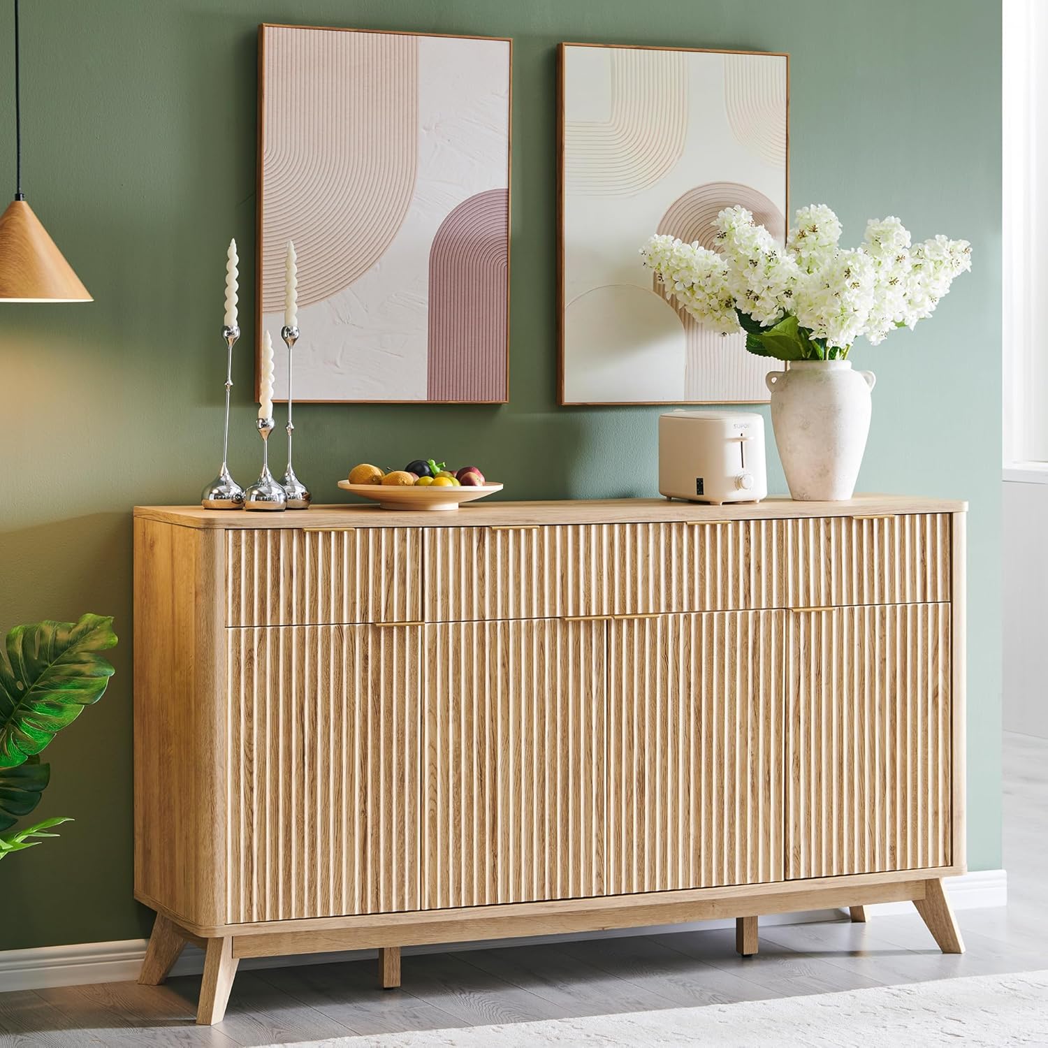 OKD Fluted Storage Cabinet with Drawers, 60' Morden Buffet Sideboard Coffee Bar Cabinet with 4 Doors and 3 Drawers for Dining Room, Living Room,Hallway (Natural Oak)