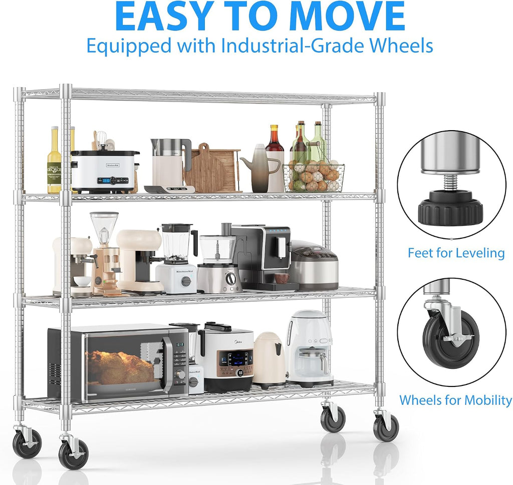 Homdox 4 Tier Heavy Duty Metal Wire Shelving with Wheels, 2400 lbs Capacity Garage Storage Rack, Rolling Industrial Storage, Adjustable Commercial Shelves for Kitchen, Warehouse, 18'x60'x72', Chrome