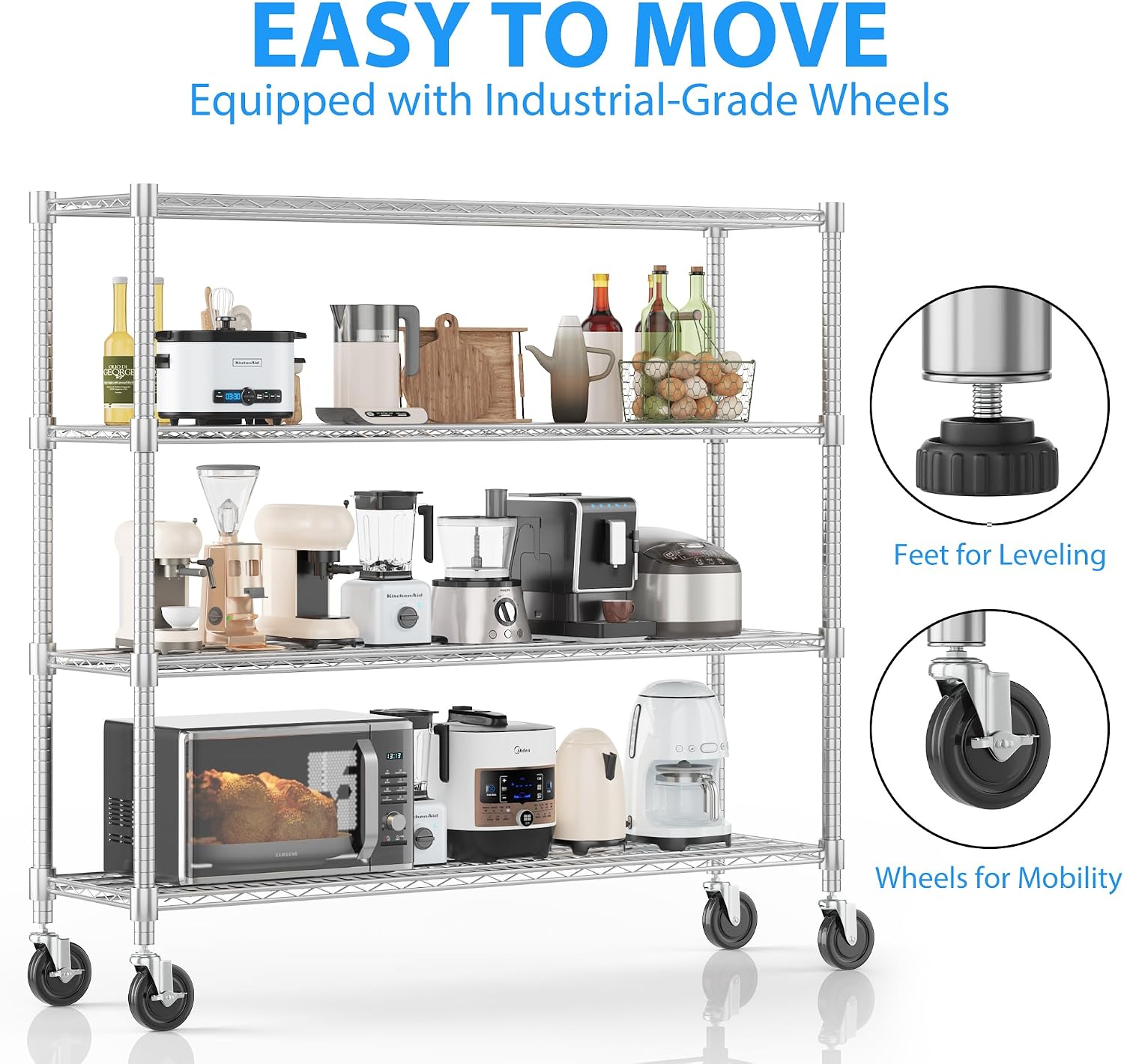 Homdox 4 Tier Heavy Duty Metal Wire Shelving with Wheels, 2400 lbs Capacity Garage Storage Rack, Rolling Industrial Storage, Adjustable Commercial Shelves for Kitchen, Warehouse, 18'x60'x72', Chrome